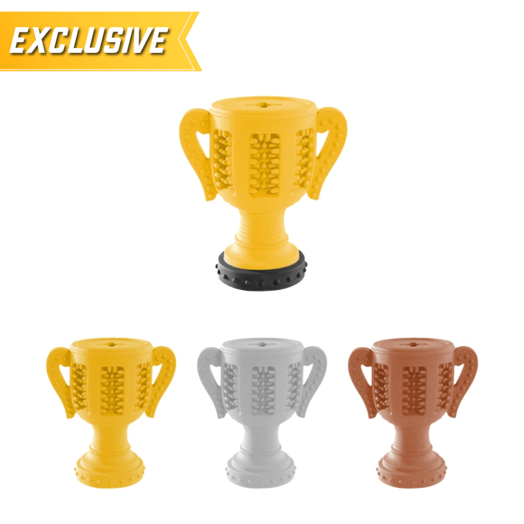 Wholesale trophy dog toy — “Best Dog Ever” durable rubber treat-hiding toy, customizable for B2B wholesale orders.